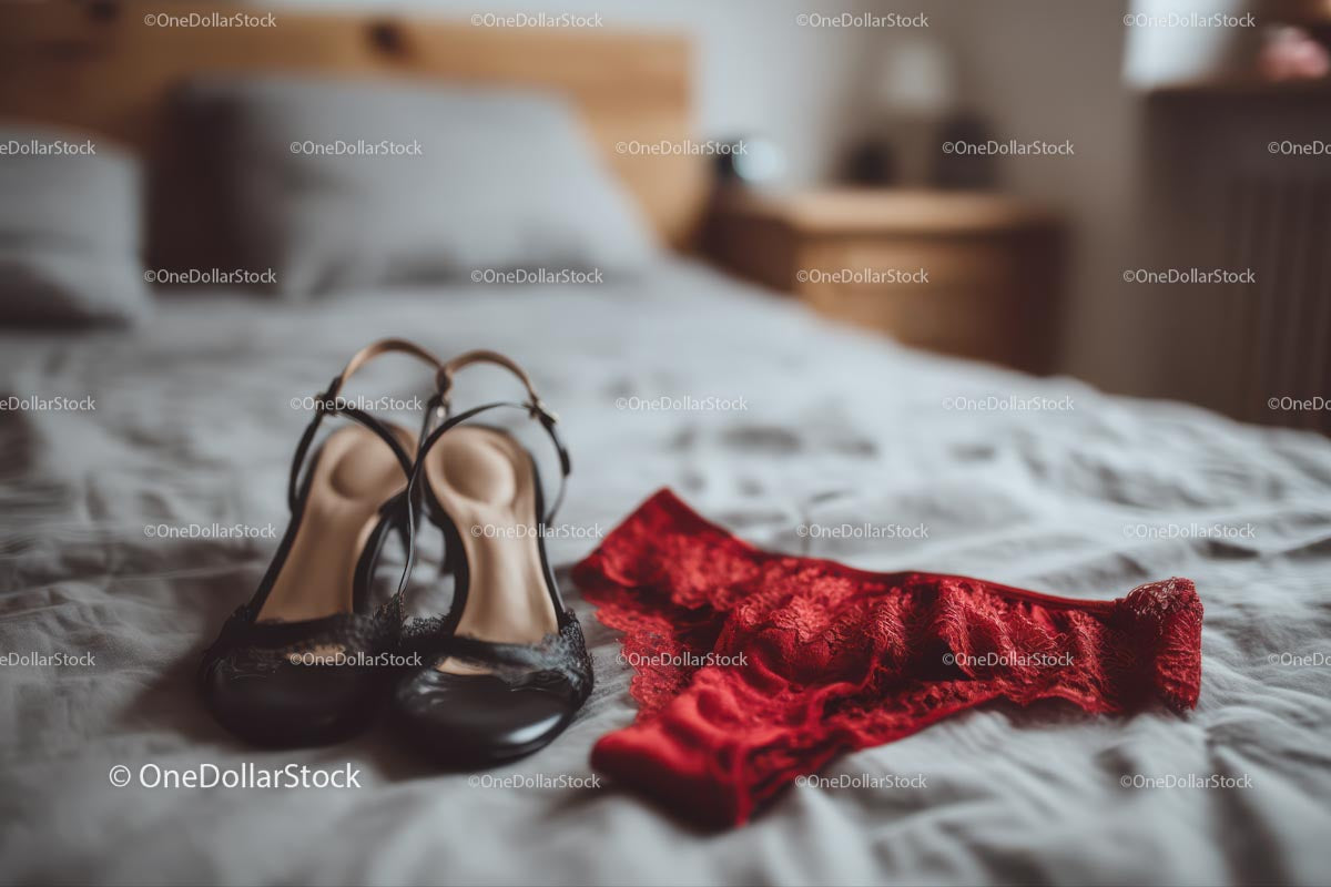 Chic Black Heels and a Red Lace Dress in a Cozy Bedroom Setting