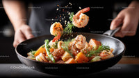 Seafood Skillet with Shrimp and Vegetables in a Black Pan