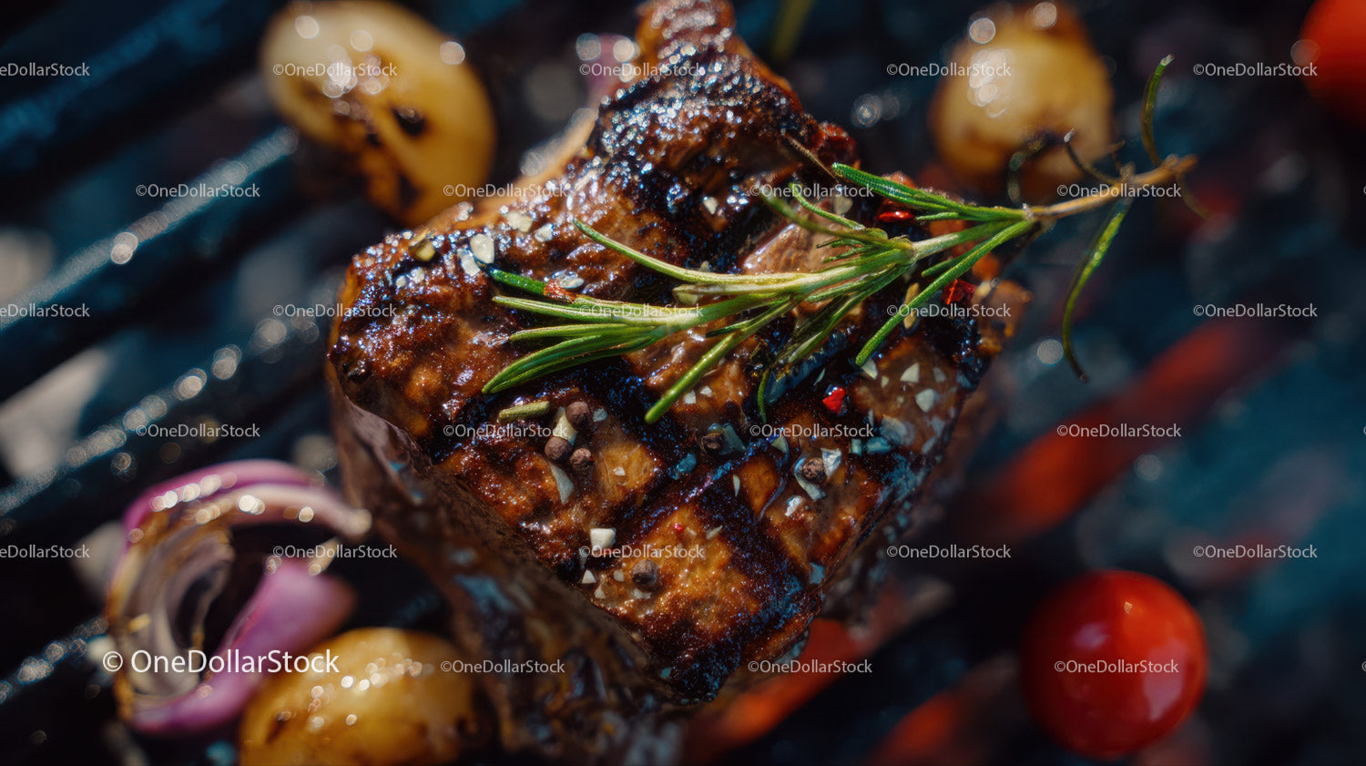 Juicy Grilled Steak with Rosemary Garnish and Barbecue Sauce