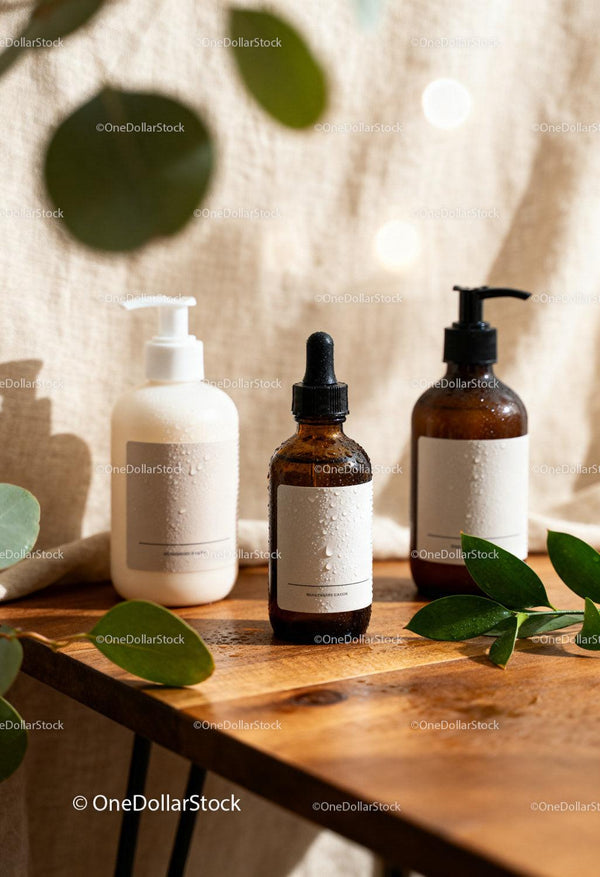 Natural skincare products with green leaves on wooden table