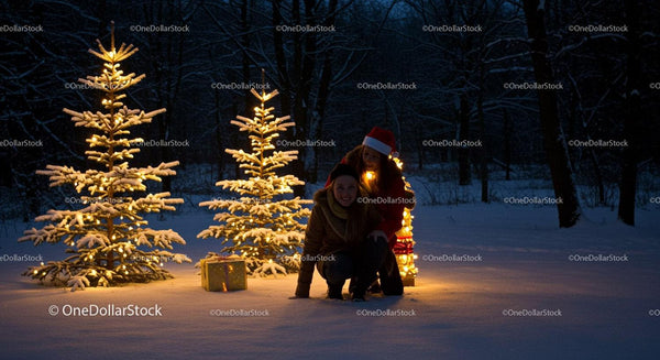 Two Women Enjoying Christmas Lights in Snowy Forest