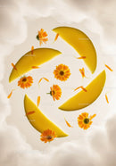 Yellow melon slices and marigold flowers in soft light