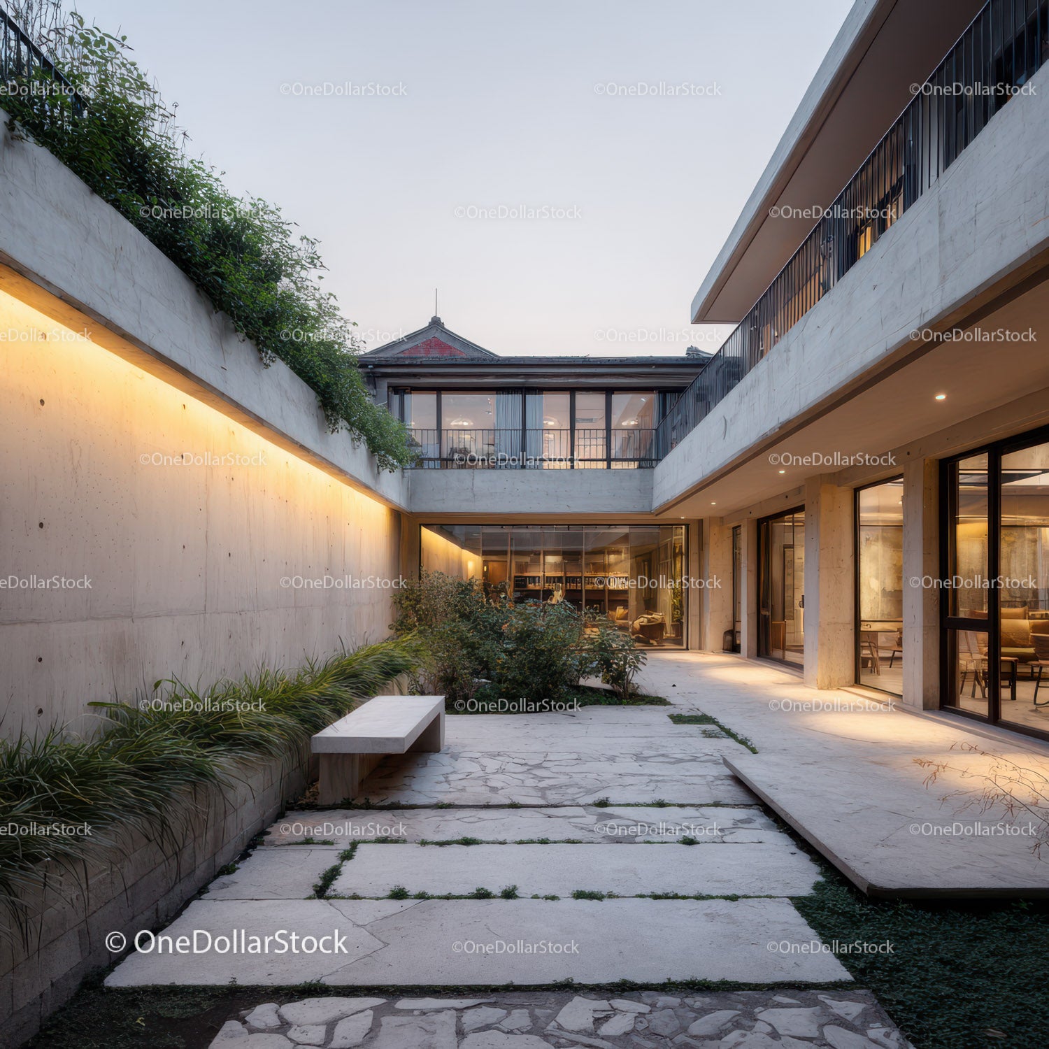 Contemporary Modern Building with Courtyard and Glass Windows