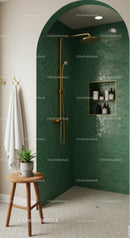 Modern shower area with green scalloped tiles and brass fixtures