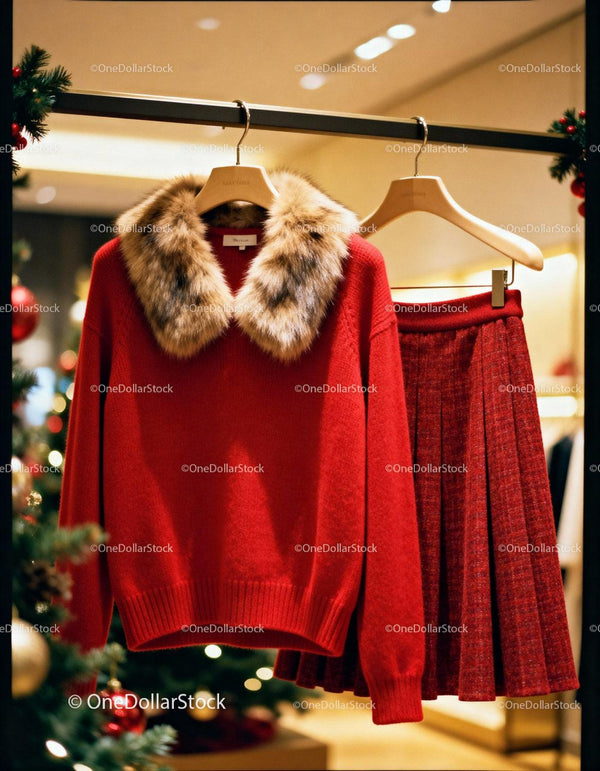 Red sweater with fur collar and pleated skirt set