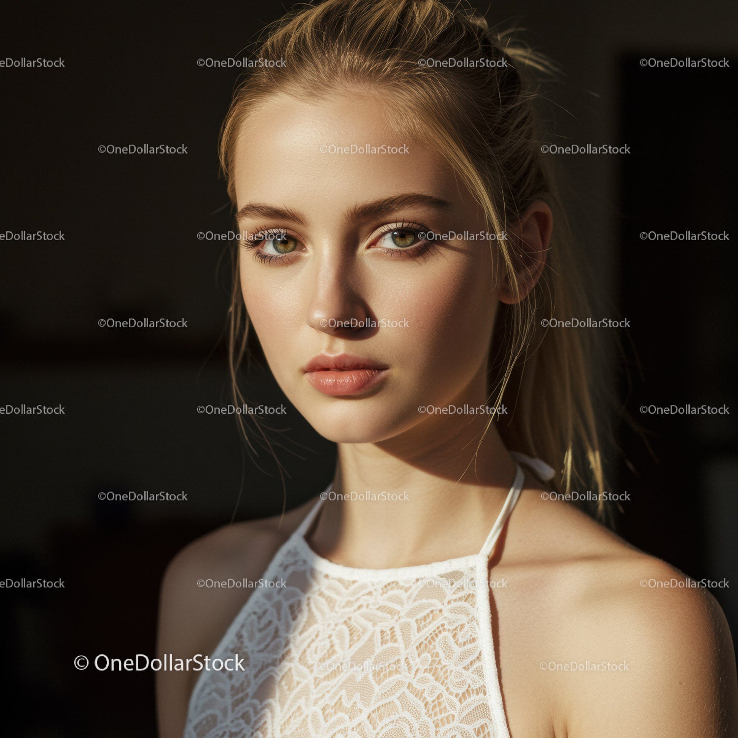 Elegant Blonde Woman with Green Eyes in White Dress Portrait