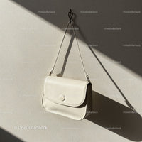 Minimalist white leather handbag hanging on wall
