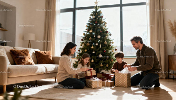 Family Opening Christmas Gifts by Decorated Tree