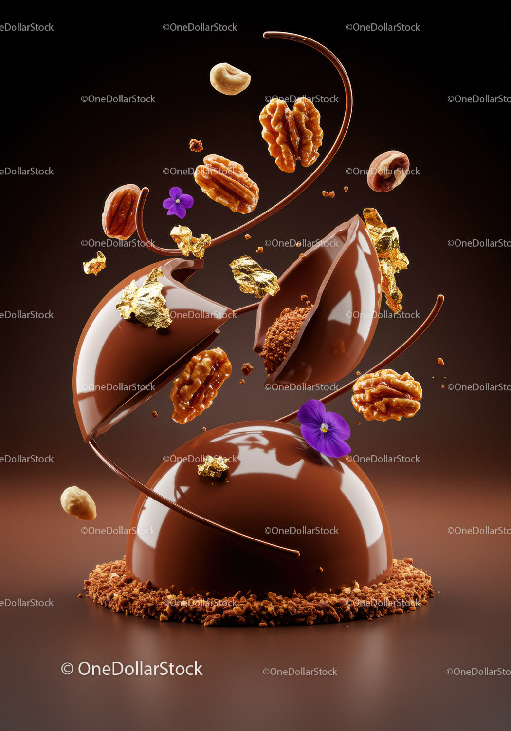 Elegant Chocolate Dessert with Nuts and Gold Leaf