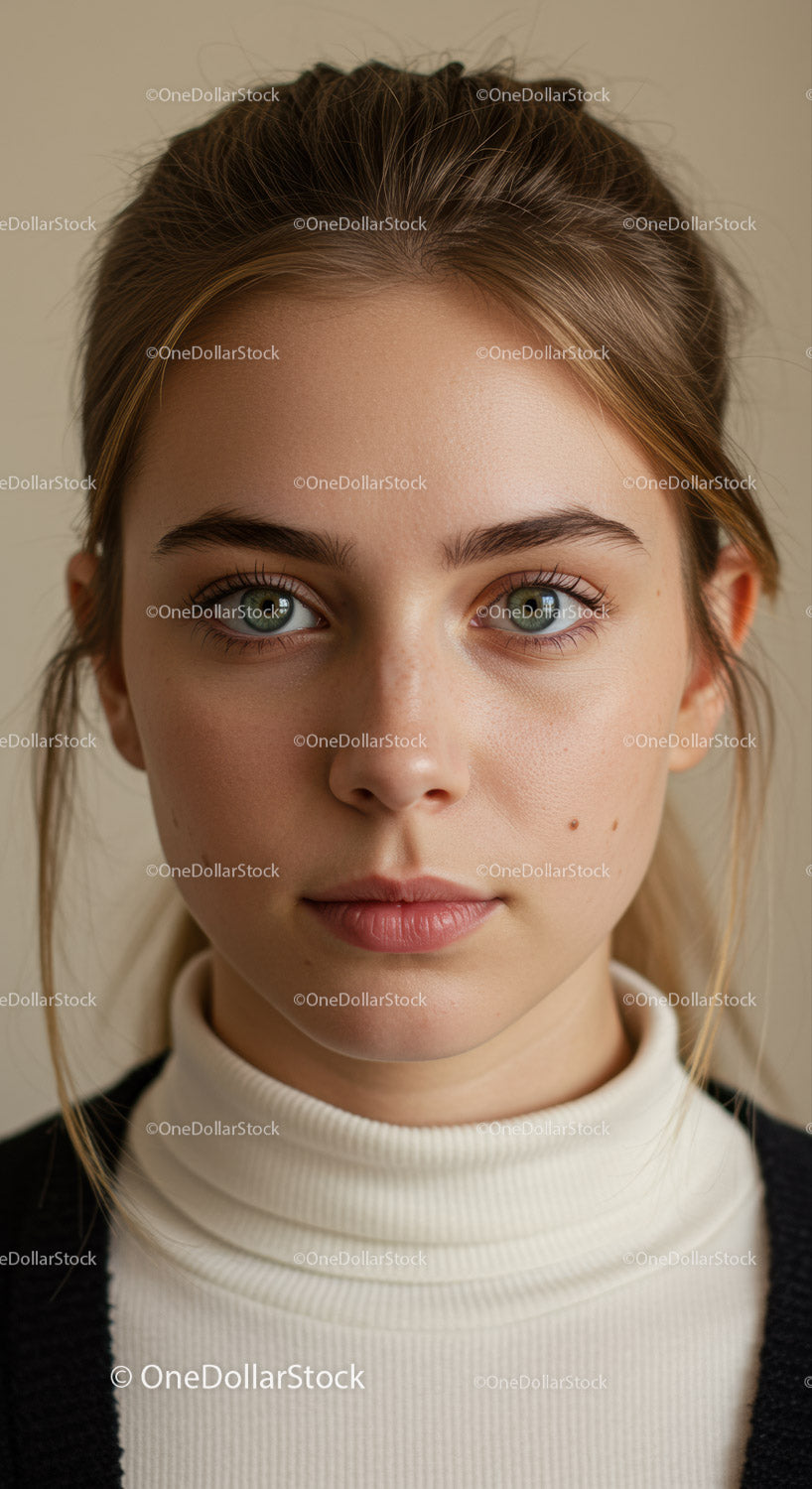 Portret młodej kobiety z szarymi oczami i blond włosami
