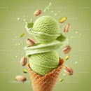 Pistachio Ice Cream Scoops in Waffle Cone with Splash