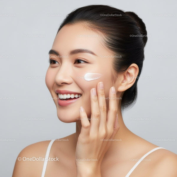 Woman Applying Moisturizing Cream on Cheek for Beautiful Radiant Skin