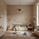 Modern Beige and Wooden Kids Nursery with Toys and Wall Art