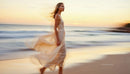 Graceful Woman Walking Along a Serene Beach at Dusk