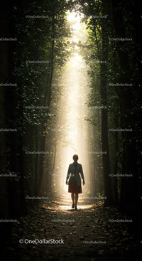 Woman walking through sunlit forest path