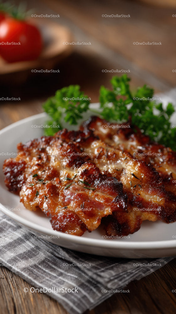 Grilled Pork Ribs with Herb Garnish on Wooden Table