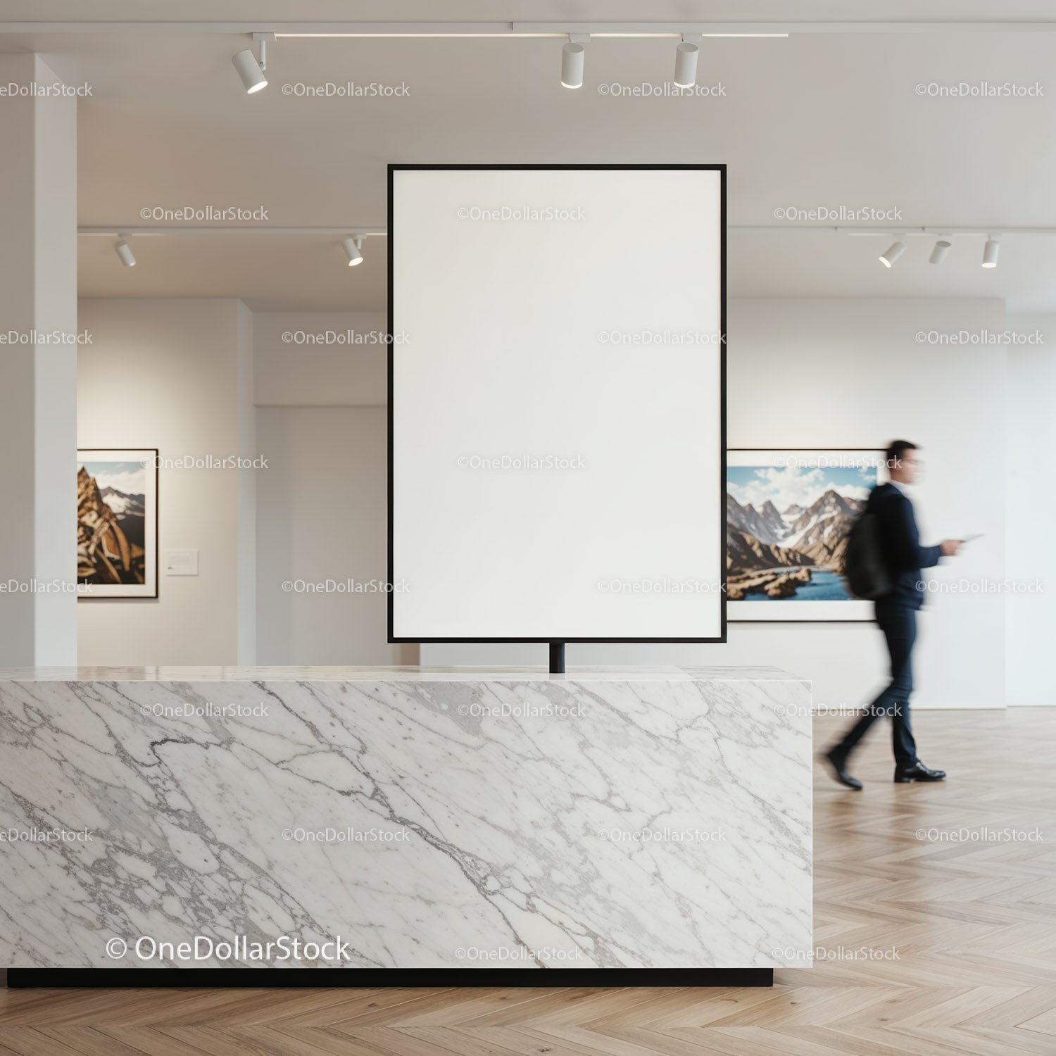 Modern art gallery interior with blank central display