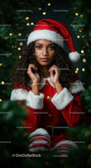 Young woman in festive Santa costume with thoughtful gaze