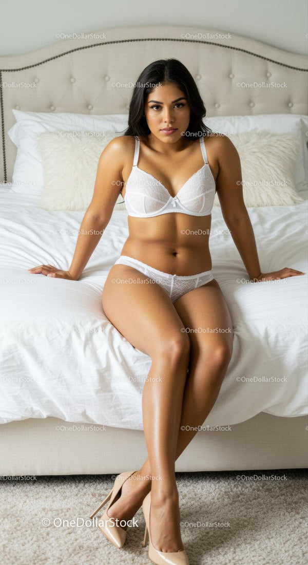 Confident woman sitting on bed in white lingerie and heels