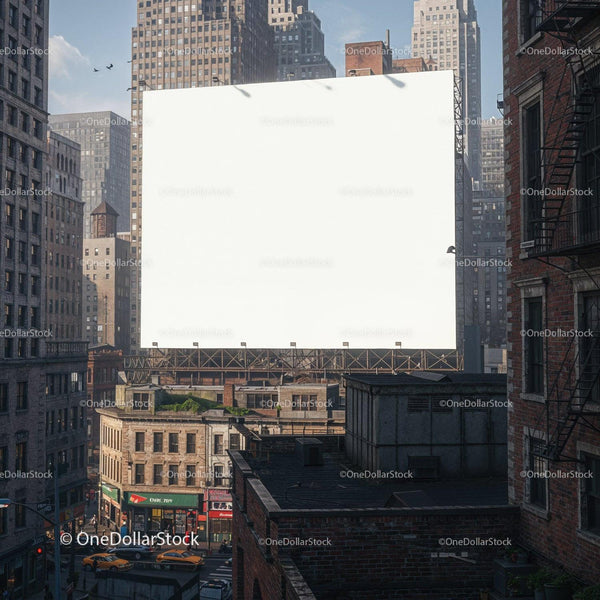 Empty urban billboard towering over city rooftops JPG Mockup Image