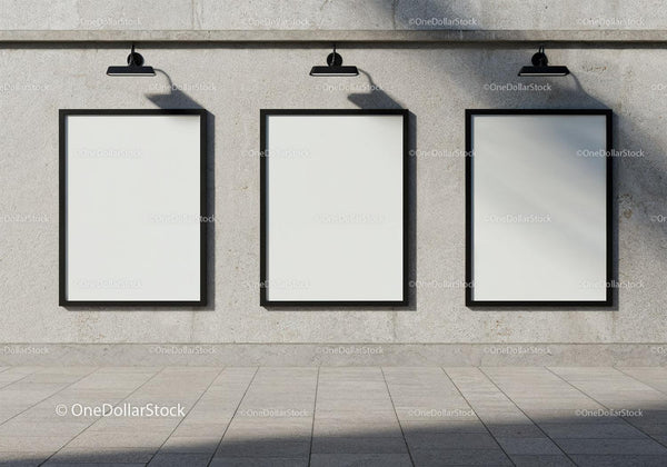 Three Vertical Blank Posters on Urban Concrete Wall JPG Mockup Image