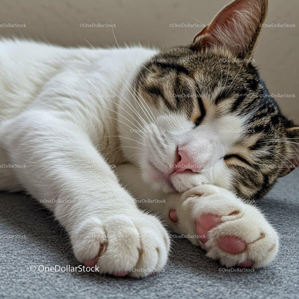 Peaceful tabby cat sleeping with paws curled