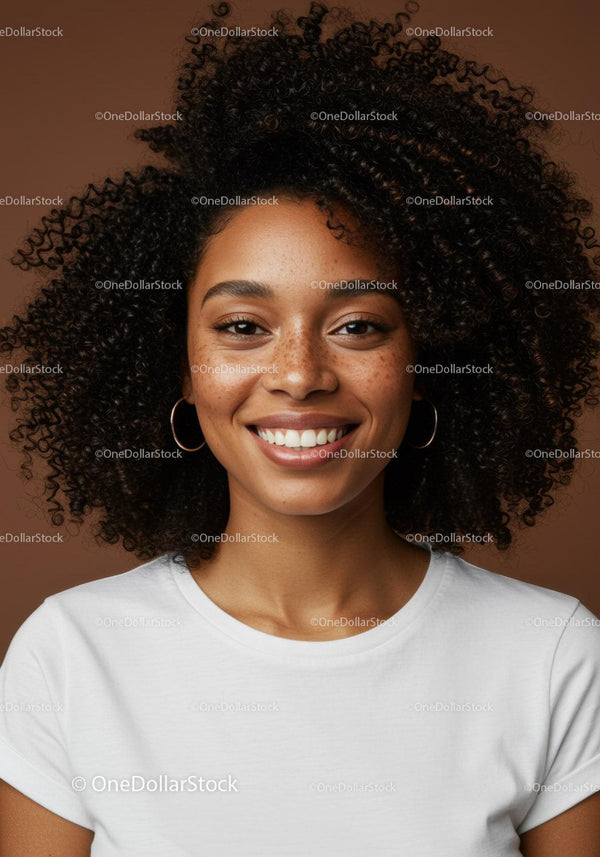 Smiling Woman with Curly Hair in Casual White T-Shirt