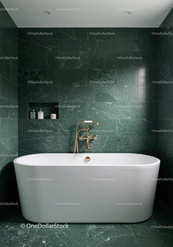 Luxurious Green Marble Bathroom with Freestanding Bathtub and Elegant Design