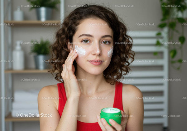 Young Woman Applying Face Cream with Skincare Routine in Modern Bedroom