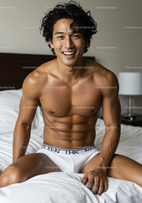 Smiling muscular man sitting on bed in white underwear