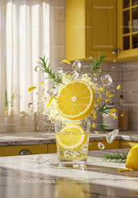 Refreshing Lemon Splash with Ice and Rosemary in Kitchen