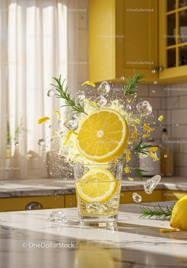 Refreshing Lemon Splash with Ice and Rosemary in Kitchen
