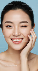 Elegant Smiling Woman Winking with Bright Skin and Natural Beauty