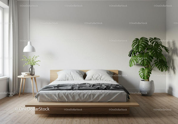 Modern Minimalist Bedroom with Monstera and Wooden Furniture