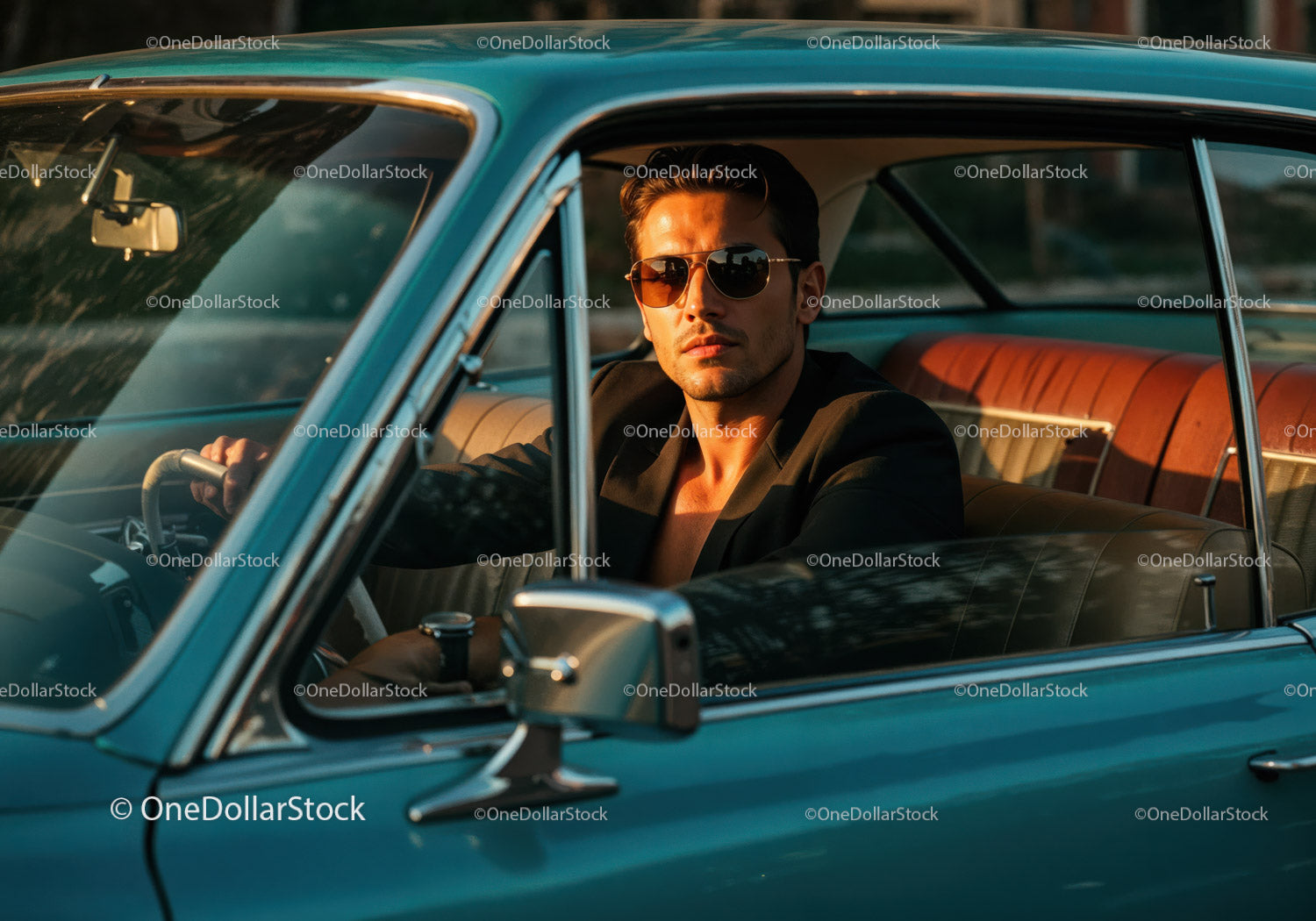 Stylish Man in Sunglasses Sitting in Classic Vintage Car at Sunset