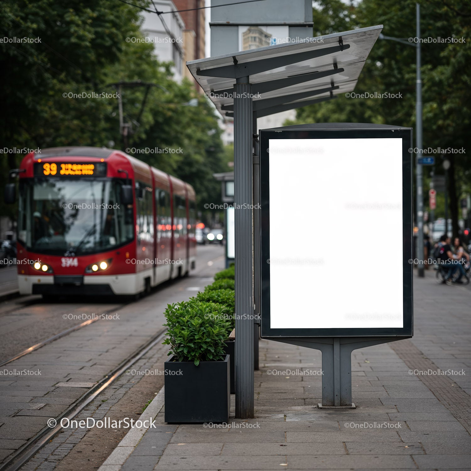 Empty urban billboard at modern tram stop in city