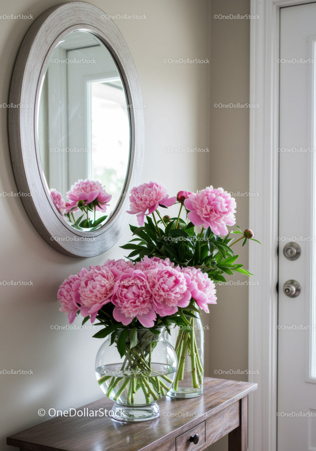 Pink Peonies in Glass Vases Decorating Elegant Home Interior
