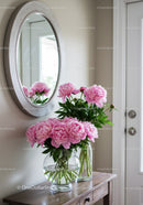 Pink Peonies in Glass Vases Decorating Elegant Home Interior