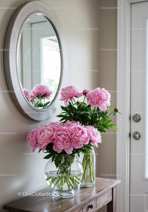Pink Peonies in Glass Vases Decorating Elegant Home Interior