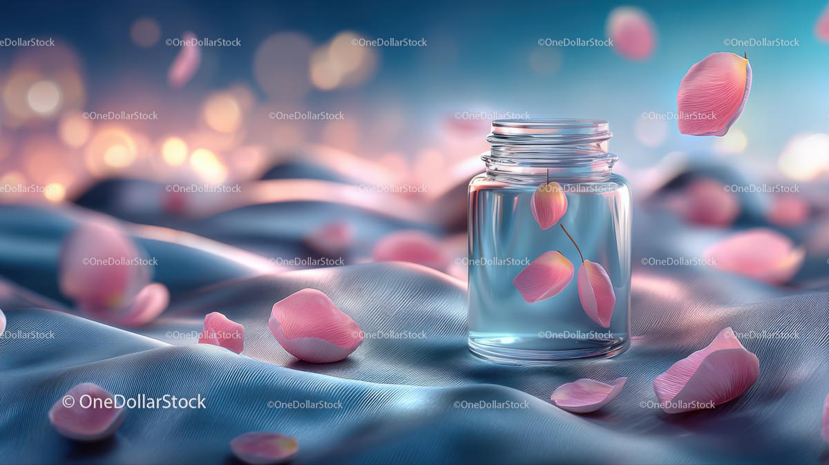 Glass Container with Floating Rose Petals in Tranquil Setting