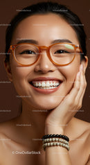 Smiling young woman with orange glasses and bracelets