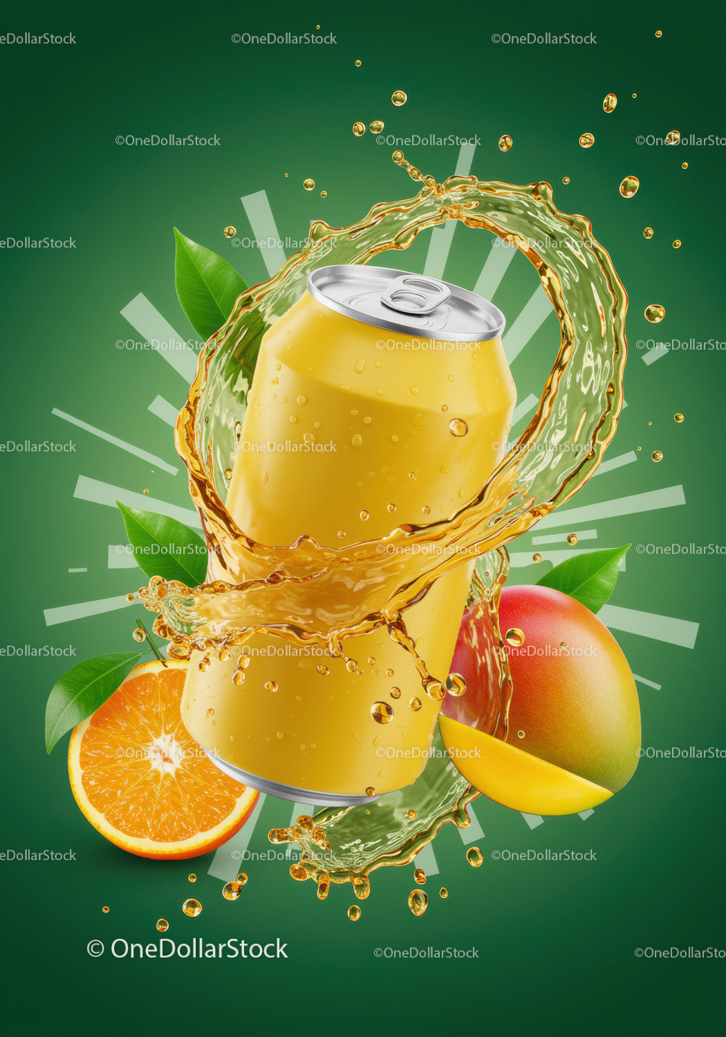 Refreshing tropical fruit soda can with splash and citrus