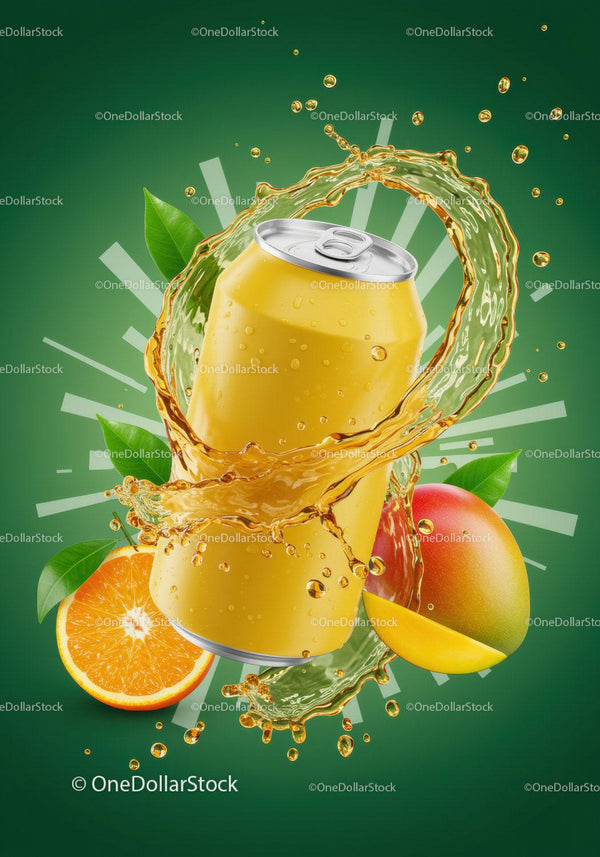 Refreshing tropical fruit soda can with splash and citrus JPG Mockup Image