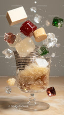 Colorful Candies and Sugar Cubes in Dessert Glass with Ice