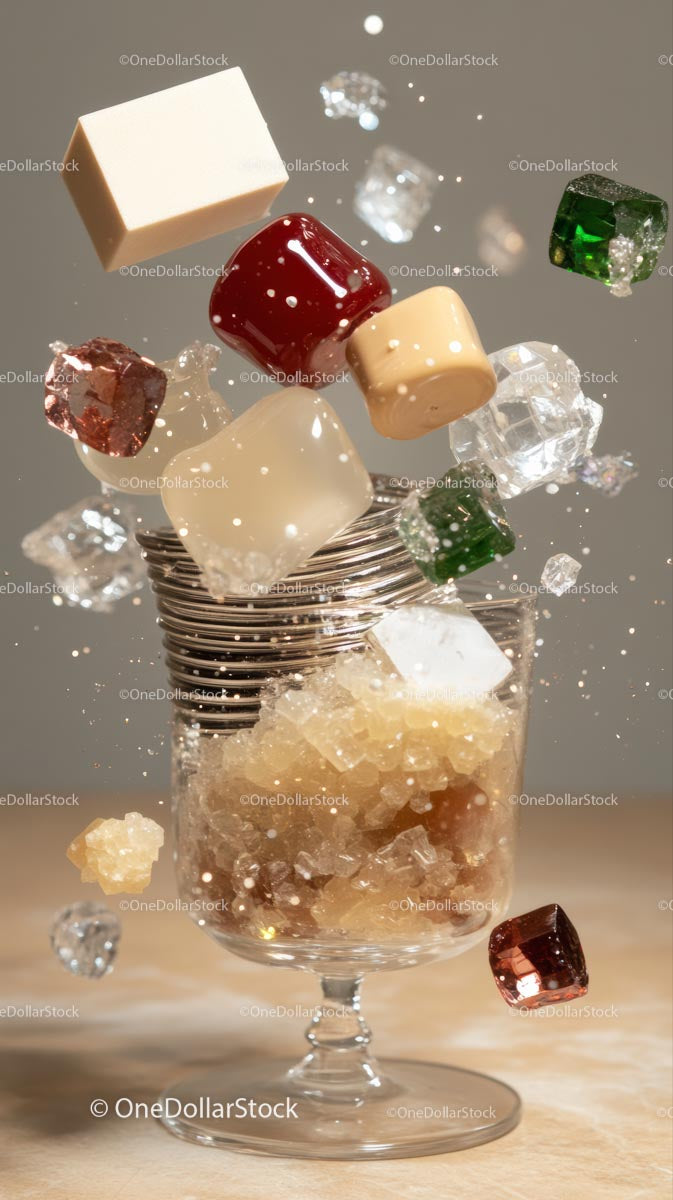 Colorful Candies and Sugar Cubes in Dessert Glass with Ice