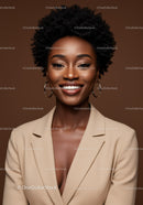 Elegant Black Woman with Natural Afro Hairstyle Wearing Beige Blazer
