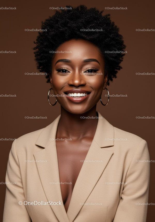 Elegant Black Woman with Natural Afro Hairstyle Wearing Beige Blazer