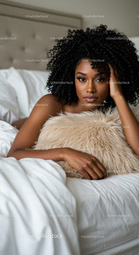 Relaxed woman lying on bed with fluffy beige pillow