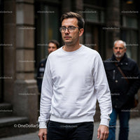 Man in white sweatshirt walking in urban street JPG Mockup Image preview