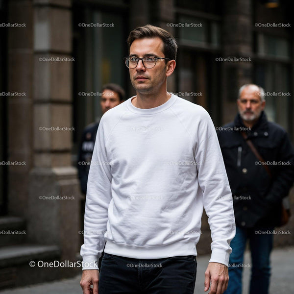 Man in white sweatshirt walking in urban street JPG Mockup Image